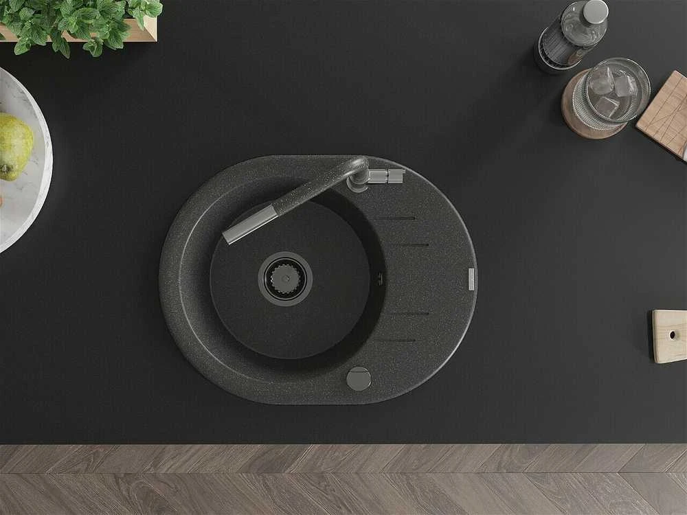 Granitinė virtuvinė plautuvė Mexen Kevin su maišytuvu ir sifonu, Juodas granite+Juodas granite/Chrome