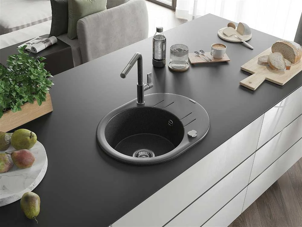Granitinė virtuvinė plautuvė Mexen Kevin su maišytuvu ir sifonu, Juodas granite+Juodas granite/Chrome