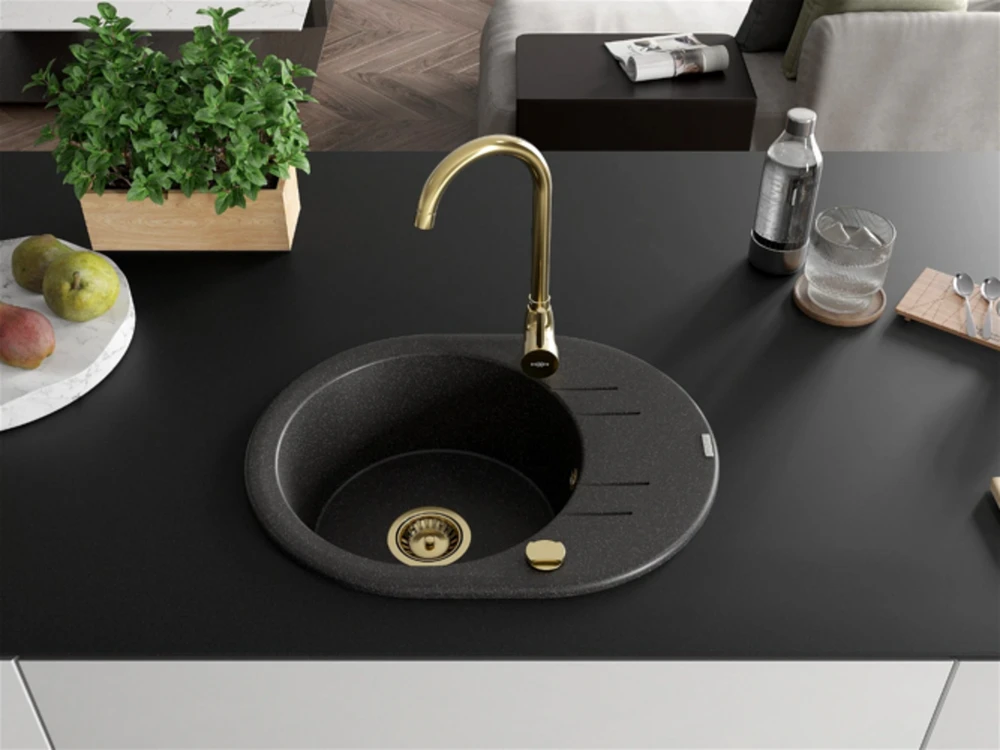Granitinė virtuvinė plautuvė Mexen Kevin su maišytuvu ir sifonu, Juodas granite+Gold