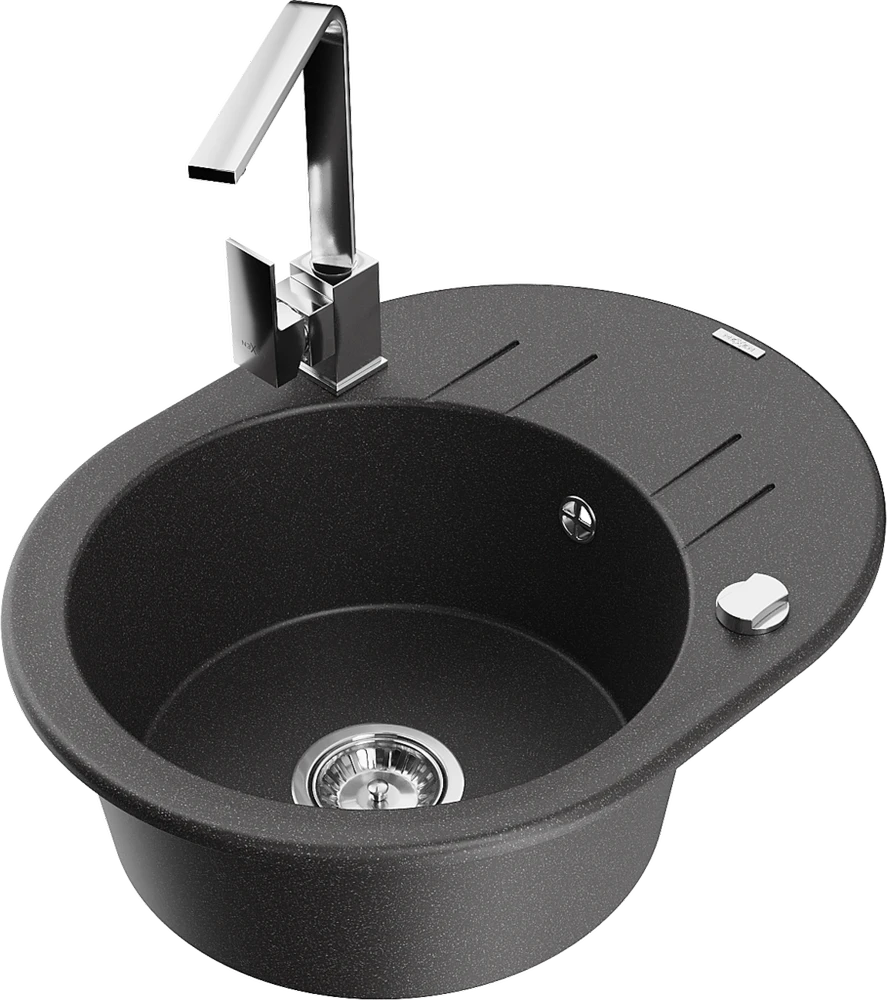 Granitinė virtuvinė plautuvė Mexen Kevin su maišytuvu ir sifonu, Juodas granite+Chrome