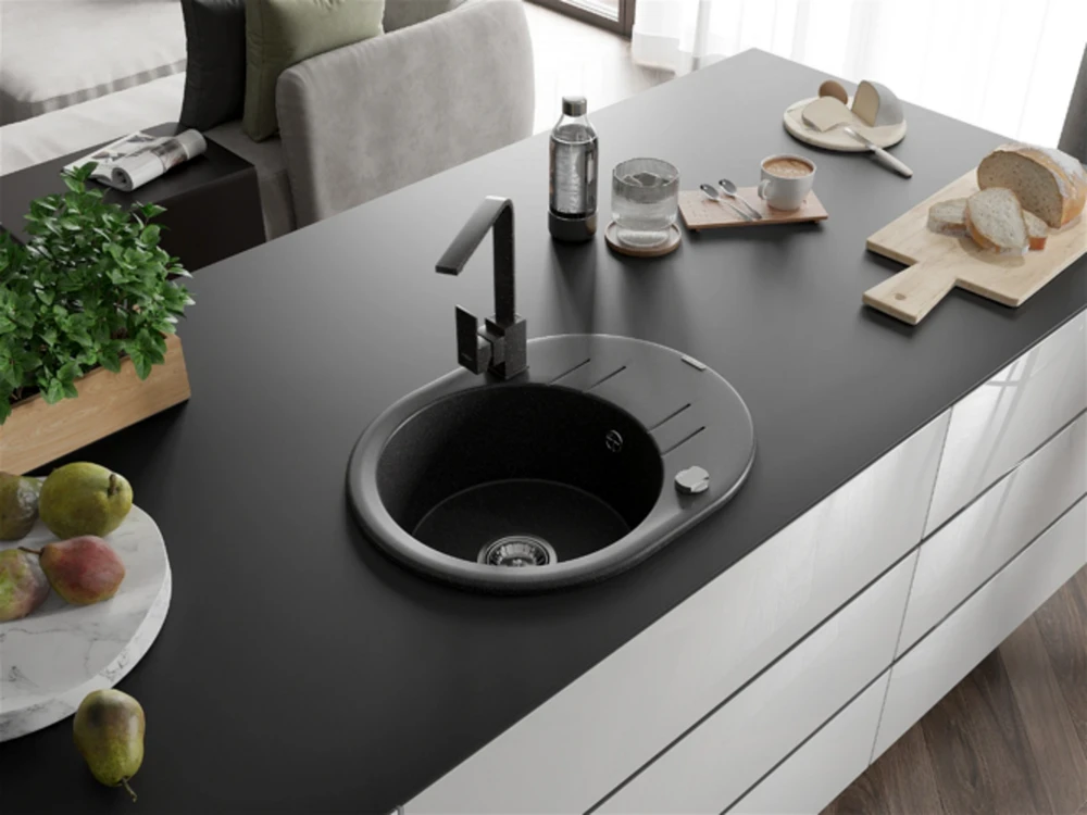 Granitinė virtuvinė plautuvė Mexen Kevin su maišytuvu ir sifonu, Juodas granite