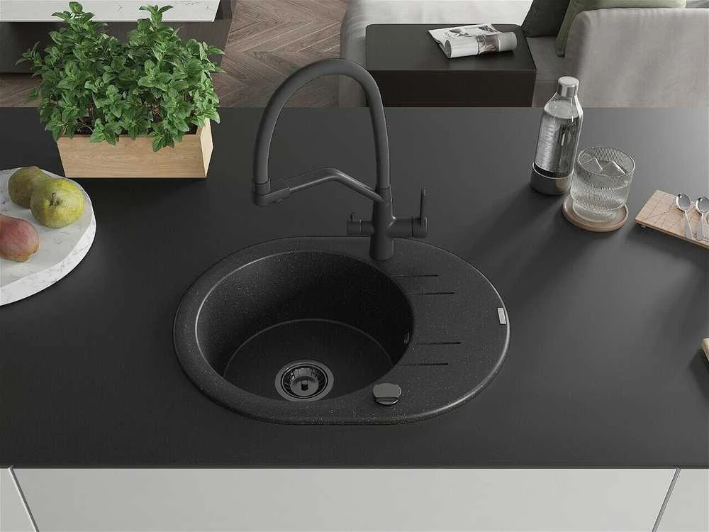 Granitinė virtuvinė plautuvė Mexen Kevin su maišytuvu ir sifonu, Metallic juodas/sidabrinis+Juodas
