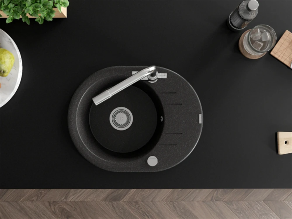 Granitinė virtuvinė plautuvė Mexen Kevin su maišytuvu ir sifonu, Juodas granite+Chrome