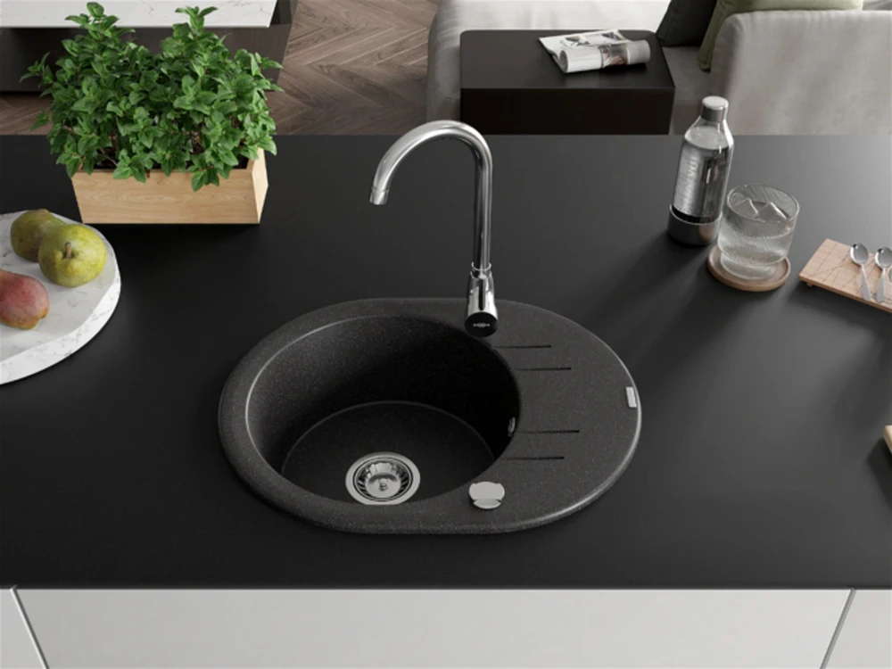 Granitinė virtuvinė plautuvė Mexen Kevin su maišytuvu ir sifonu, Juodas granite+Chrome