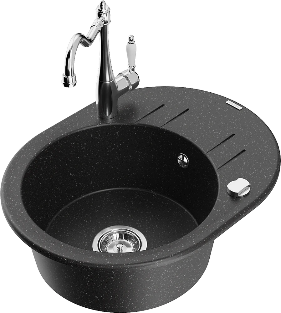 Granitinė virtuvinė plautuvė Mexen Kevin su maišytuvu ir sifonu, Metallic juodas/sidabrinis+Chrome