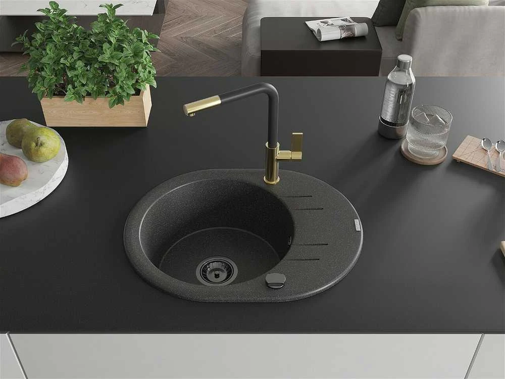 Granitinė virtuvinė plautuvė Mexen Kevin su maišytuvu ir sifonu, Juodas granite+Juodas/Gold