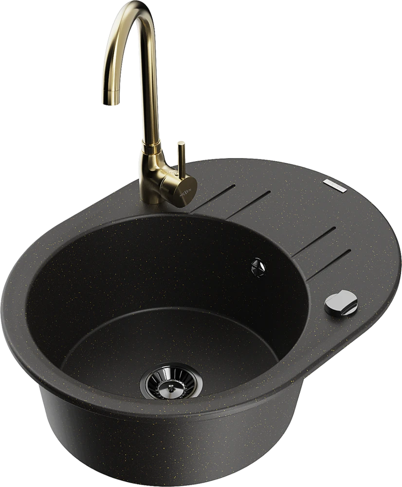 Granitinė virtuvinė plautuvė Mexen Kevin su maišytuvu ir sifonu, Metallic juodas/auksinis+Gold(B)