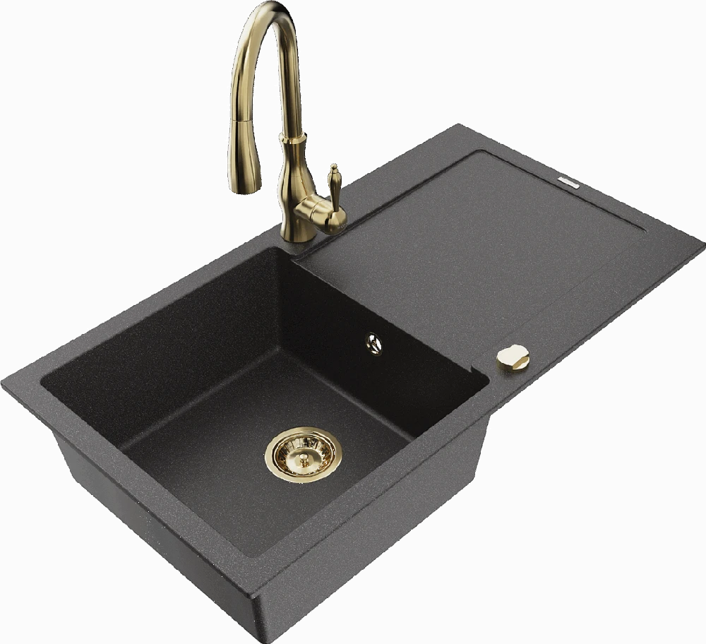 Granitinė virtuvinė plautuvė Mexen Leo su maišytuvu ir sifonu, Juodas granite+Gold
