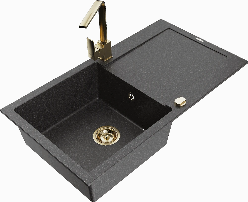 Granitinė virtuvinė plautuvė Mexen Leo su maišytuvu ir sifonu, Juodas granite+Gold