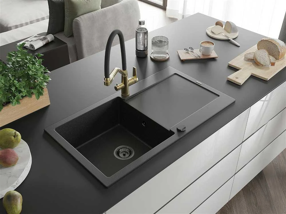 Granitinė virtuvinė plautuvė Mexen Leo su maišytuvu ir sifonu, Metallic juodas/sidabrinis+Juodas/Gold