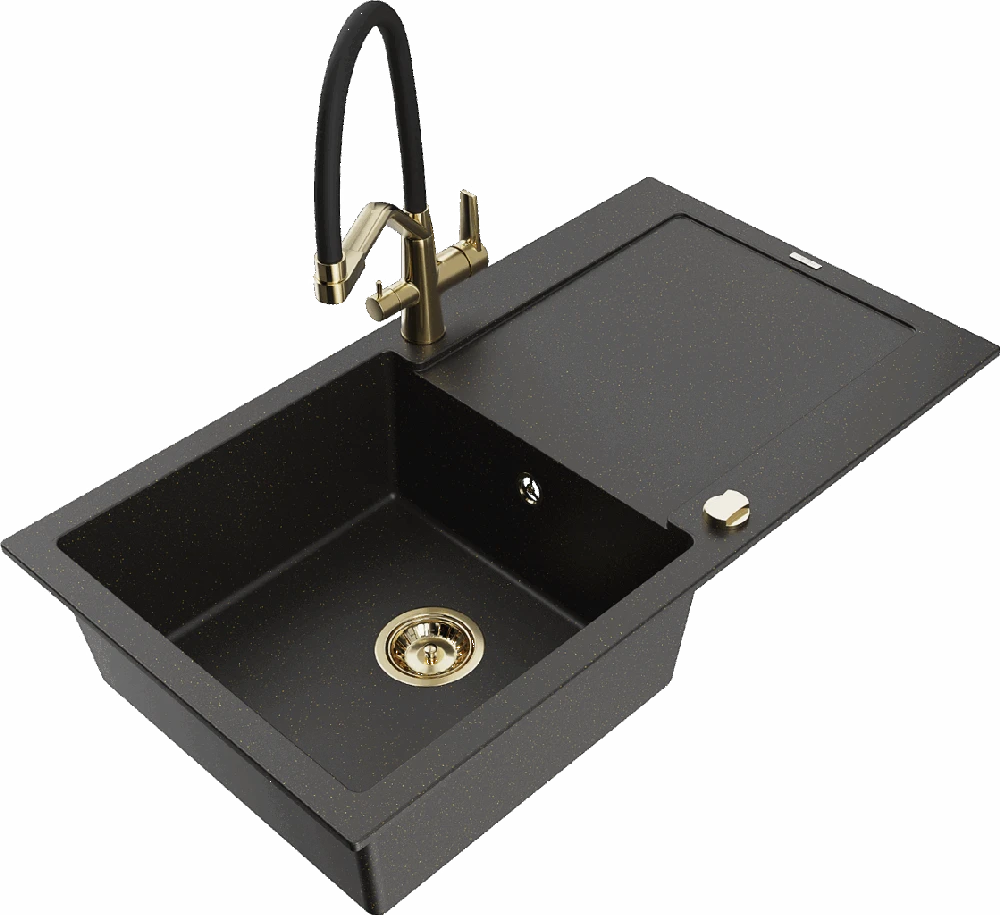 Granitinė virtuvinė plautuvė Mexen Leo su maišytuvu ir sifonu, Metallic juodas/auksinis+Juodas/Gold