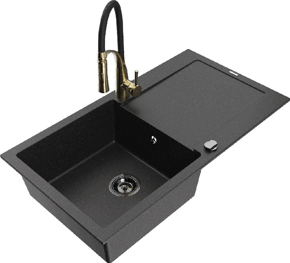 Granitinė virtuvinė plautuvė Mexen Leo su maišytuvu ir sifonu, Metallic juodas/sidabrinis+Juodas/Gold