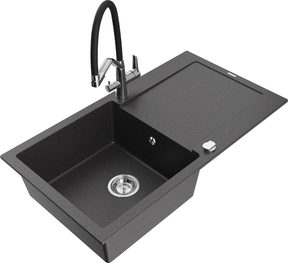 Granitinė virtuvinė plautuvė Mexen Leo su maišytuvu ir sifonu, Juodas granite+Juodas/Chrome