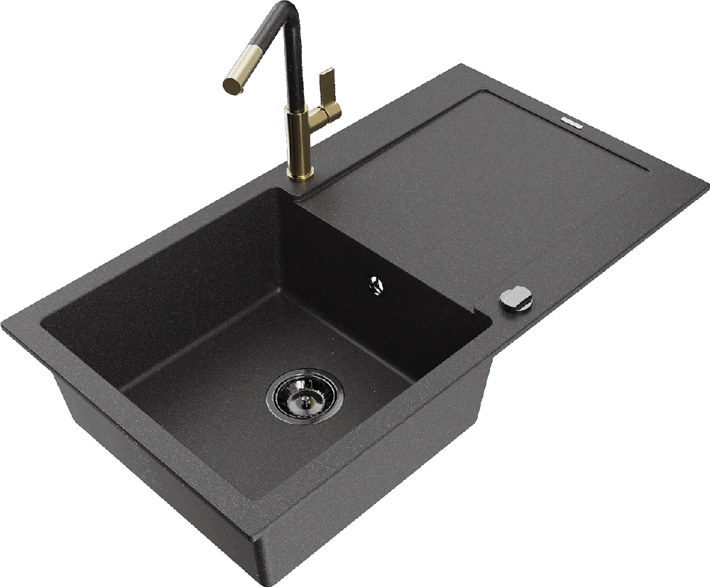 Granitinė virtuvinė plautuvė Mexen Leo su maišytuvu ir sifonu, Juodas granite+Juodas granite/Gold