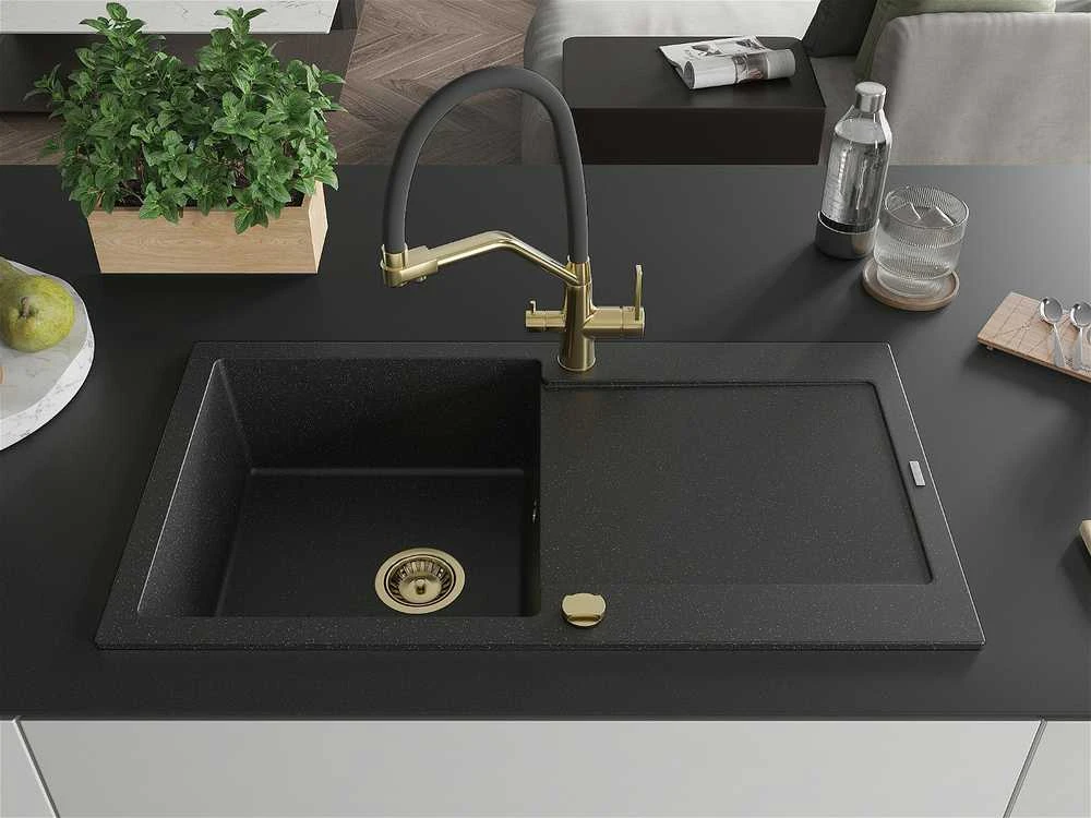 Granitinė virtuvinė plautuvė Mexen Leo su maišytuvu ir sifonu, Metallic juodas/sidabrinis+Juodas/Gold