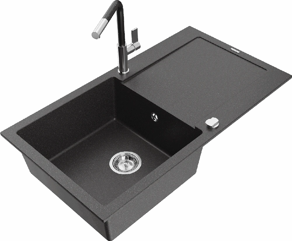Granitinė virtuvinė plautuvė Mexen Leo su maišytuvu ir sifonu, Juodas granite+Juodas/Chrome