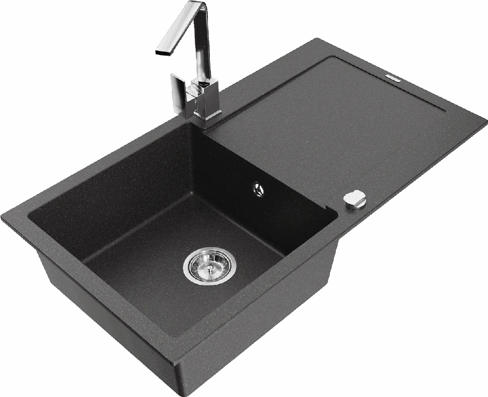 Granitinė virtuvinė plautuvė Mexen Leo su maišytuvu ir sifonu, Juodas granite+Chrome