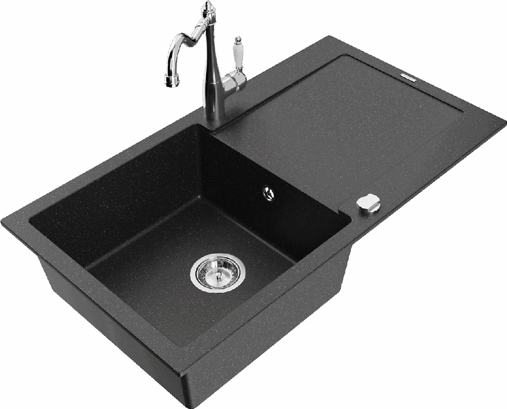 Granitinė virtuvinė plautuvė Mexen Leo su maišytuvu ir sifonu, Metallic juodas/sidabrinis+Chrome