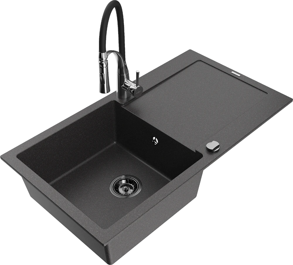 Granitinė virtuvinė plautuvė Mexen Leo su maišytuvu ir sifonu, Juodas granite+Juodas/Chrome