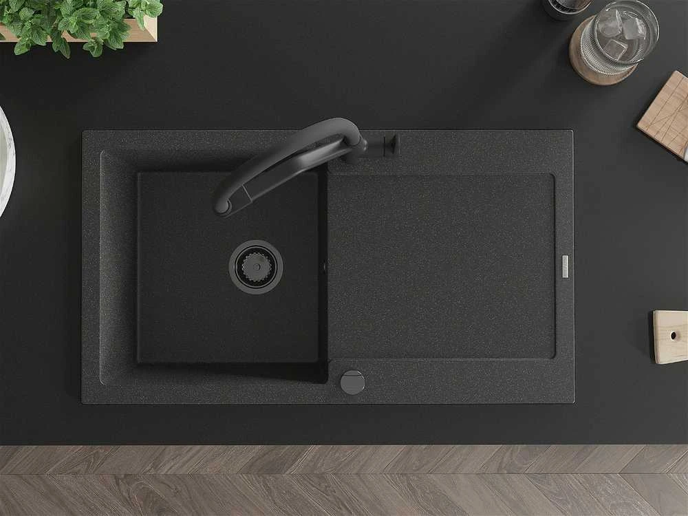Granitinė virtuvinė plautuvė Mexen Leo su maišytuvu ir sifonu, Juodas granite+Juodas