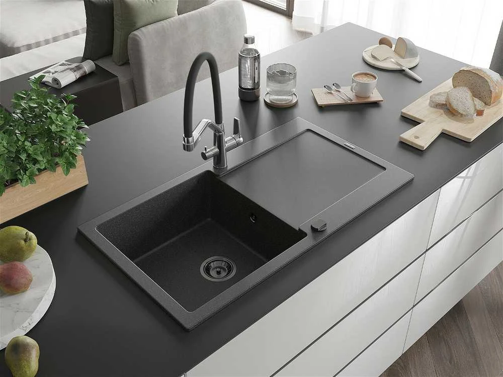 Granitinė virtuvinė plautuvė Mexen Leo su maišytuvu ir sifonu, Juodas granite+Juodas/Chrome