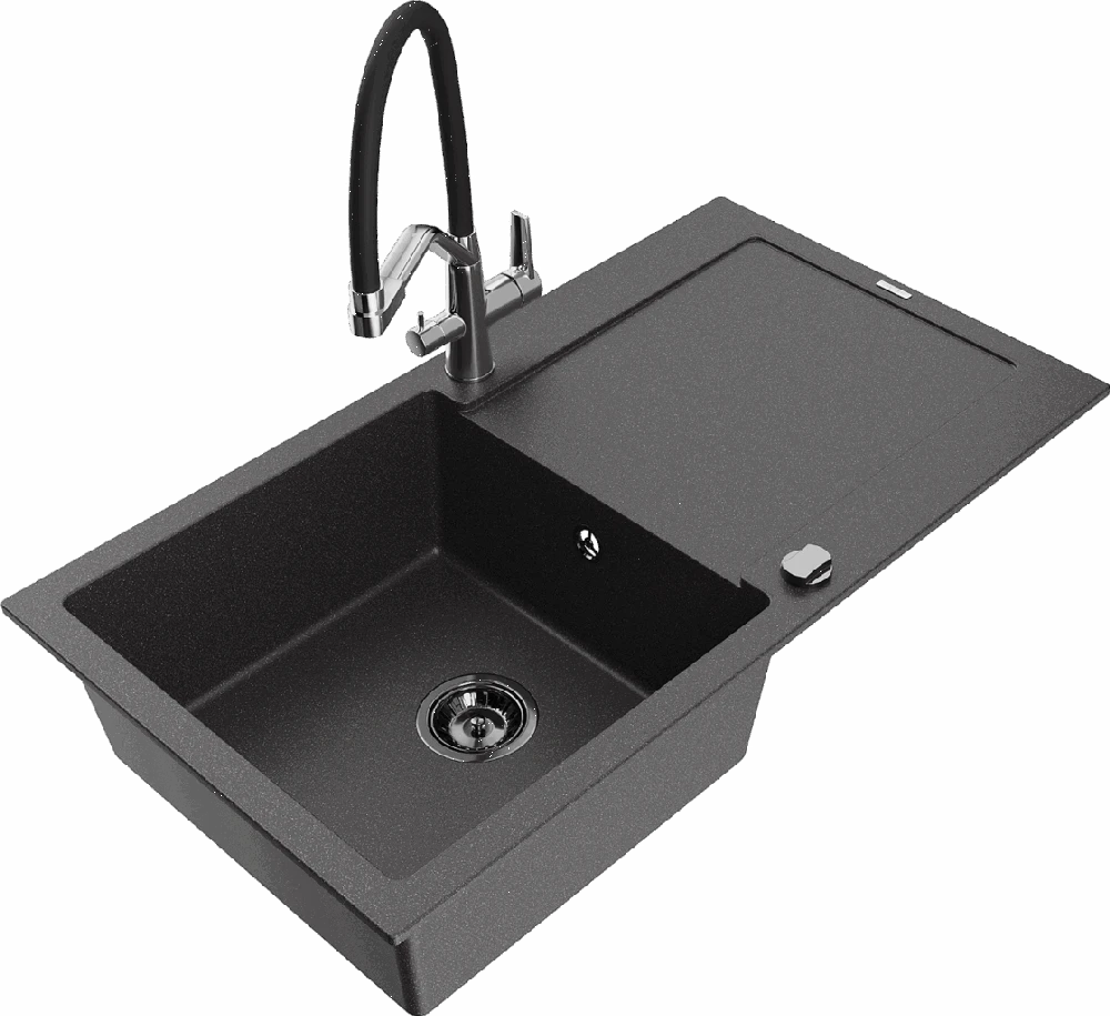 Granitinė virtuvinė plautuvė Mexen Leo su maišytuvu ir sifonu, Juodas granite+Juodas/Chrome