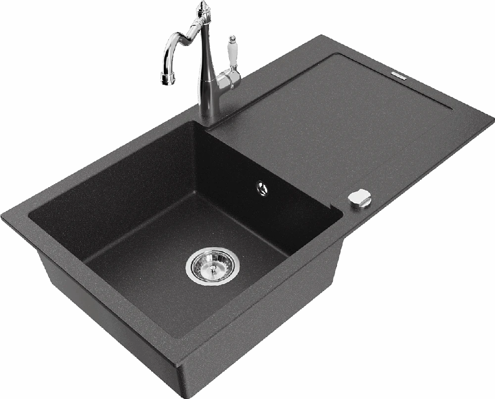 Granitinė virtuvinė plautuvė Mexen Leo su maišytuvu ir sifonu, Juodas granite+Chrome