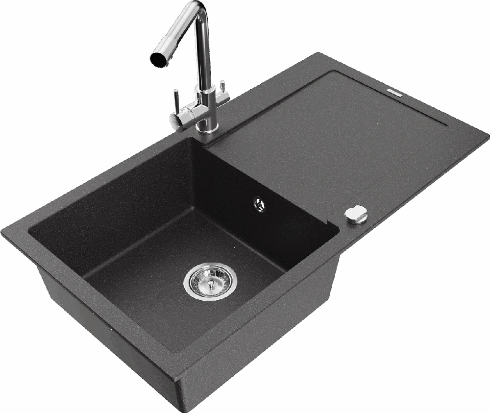 Granitinė virtuvinė plautuvė Mexen Leo su maišytuvu ir sifonu, Juodas granite+Chrome