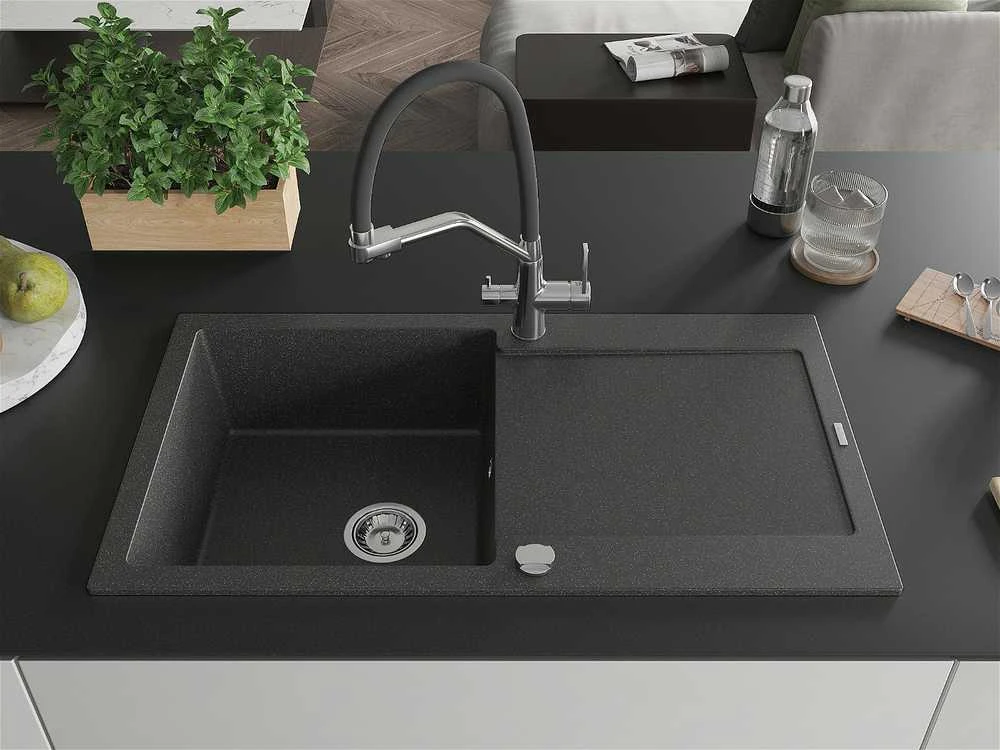 Granitinė virtuvinė plautuvė Mexen Leo su maišytuvu ir sifonu, Juodas granite+Juodas/Chrome