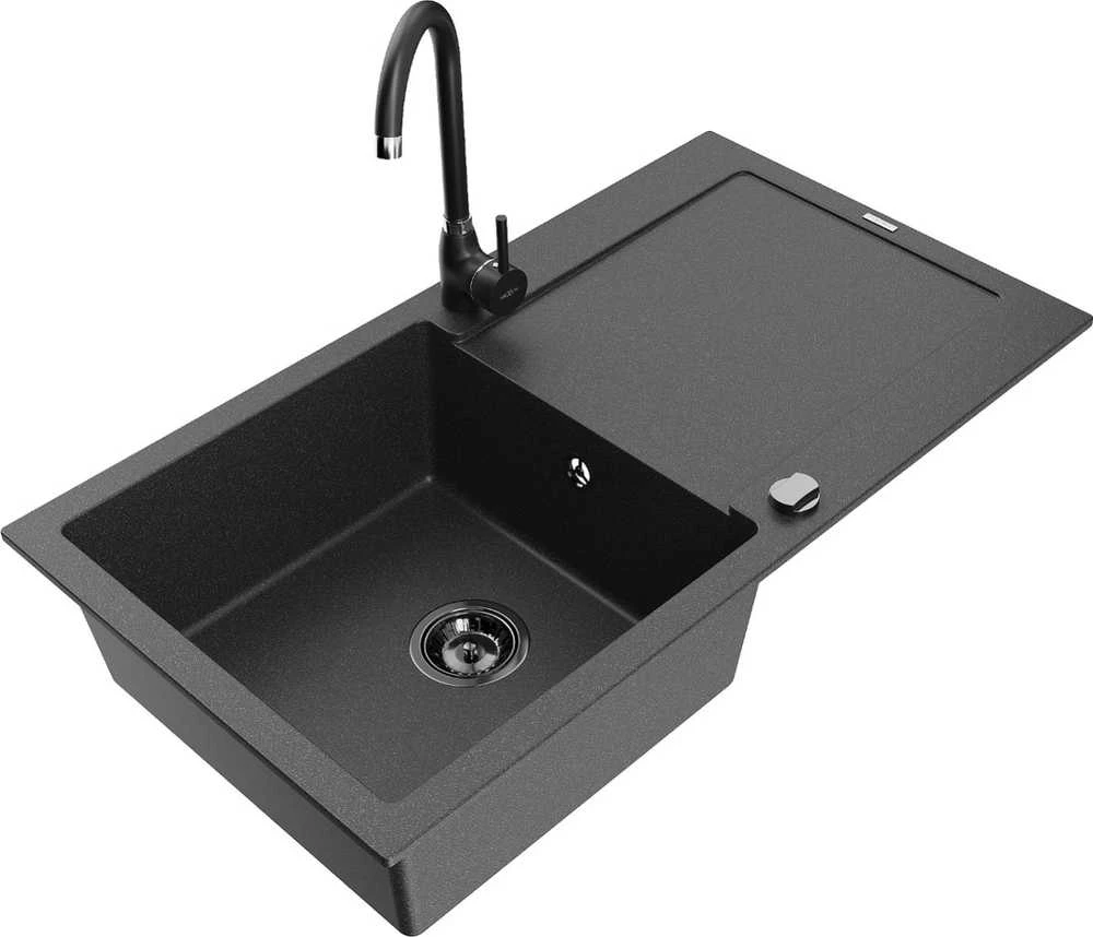 Granitinė virtuvinė plautuvė Mexen Leo su maišytuvu ir sifonu, Juodas granite+Juodas