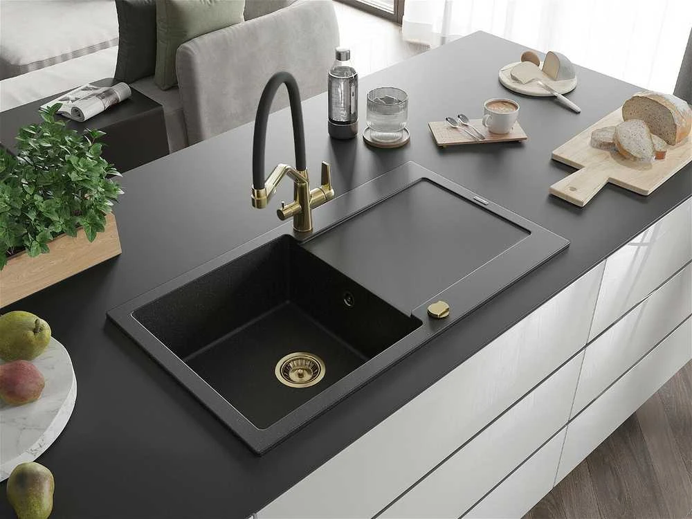 Granitinė virtuvinė plautuvė Mexen Leo su maišytuvu ir sifonu, Metallic juodas/sidabrinis+Juodas/Gold