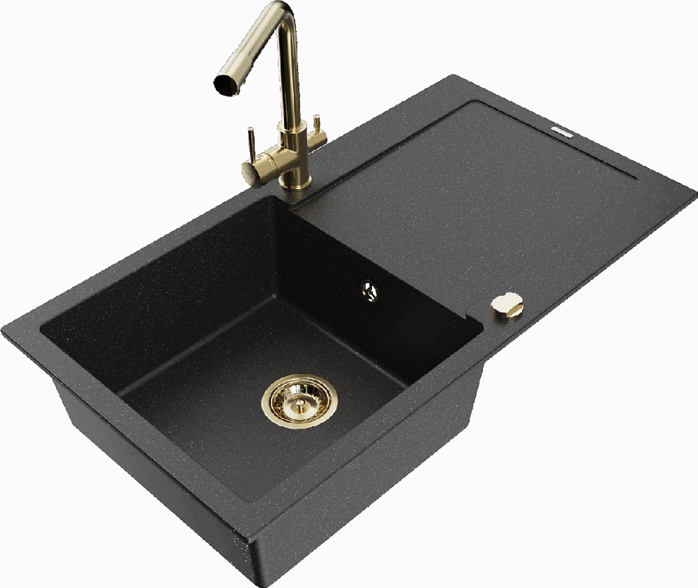 Granitinė virtuvinė plautuvė Mexen Leo su maišytuvu ir sifonu, Metallic juodas/sidabrinis+Gold
