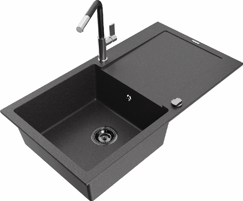 Granitinė virtuvinė plautuvė Mexen Leo su maišytuvu ir sifonu, Juodas granite+Juodas/Chrome