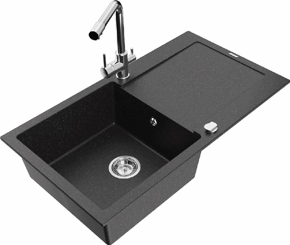 Granitinė virtuvinė plautuvė Mexen Leo su maišytuvu ir sifonu, Metallic juodas/sidabrinis+Chrome