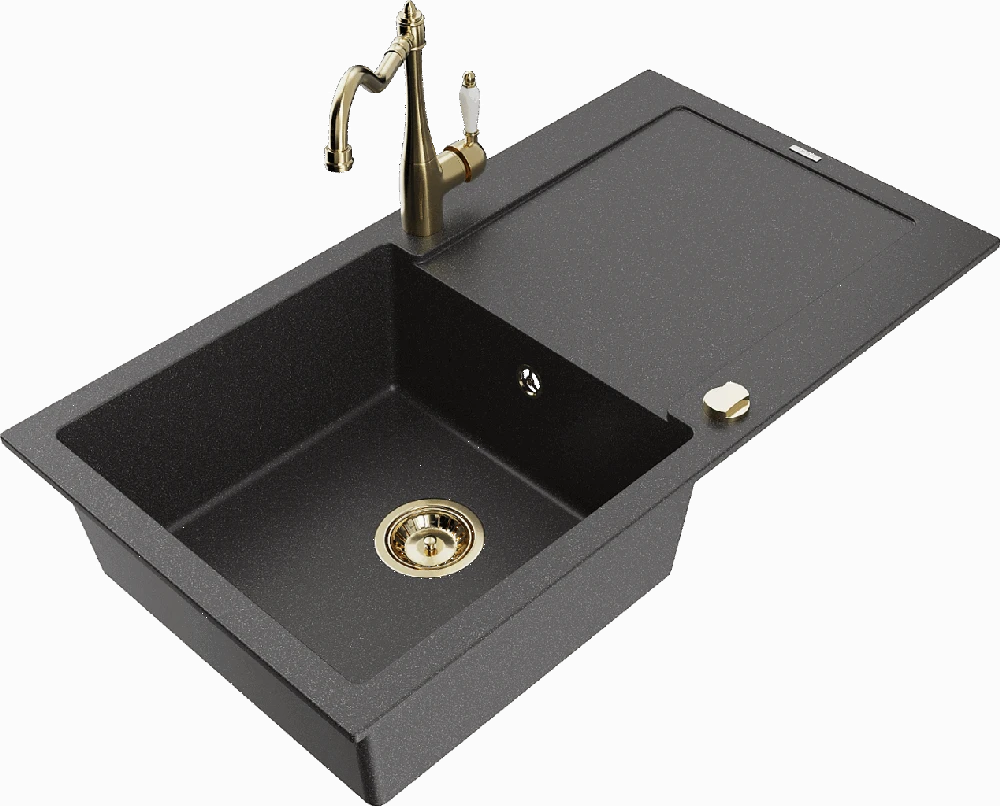 Granitinė virtuvinė plautuvė Mexen Leo su maišytuvu ir sifonu, Juodas granite+Gold