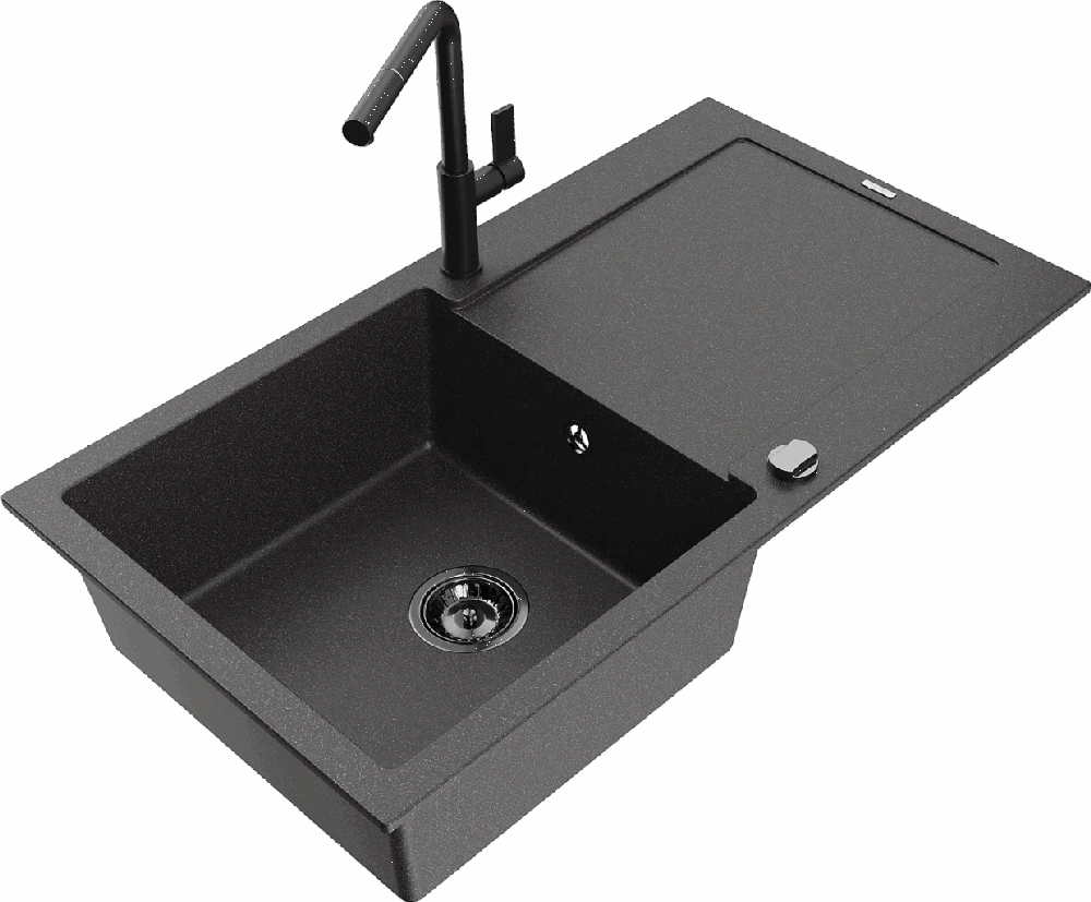 Granitinė virtuvinė plautuvė Mexen Leo su maišytuvu ir sifonu, Juodas granite+Juodas