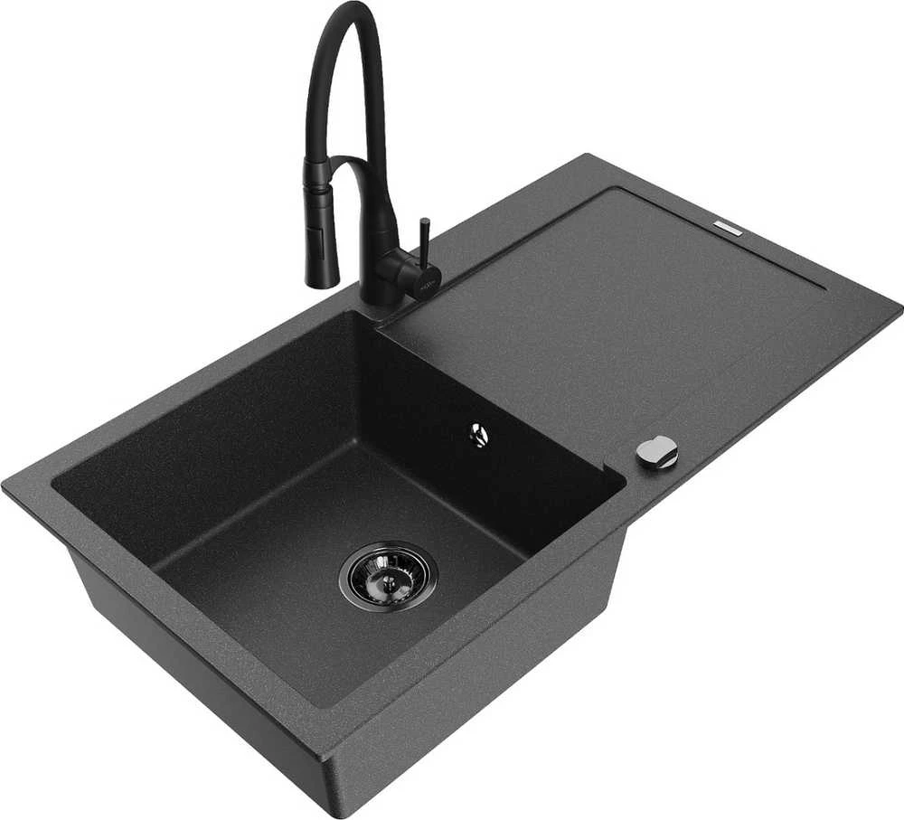 Granitinė virtuvinė plautuvė Mexen Leo su maišytuvu ir sifonu, Juodas granite+Juodas