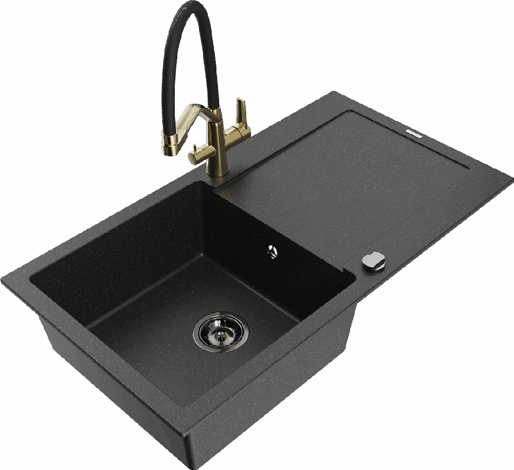 Granitinė virtuvinė plautuvė Mexen Leo su maišytuvu ir sifonu, Metallic juodas/sidabrinis+Juodas/Gold