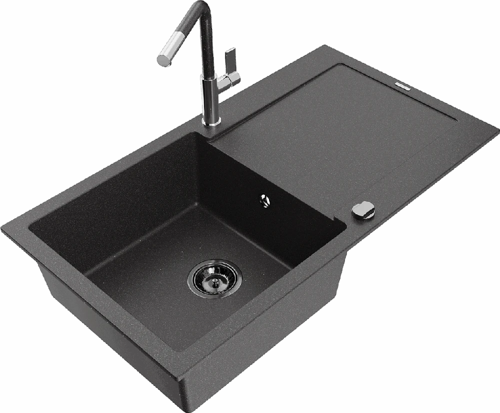Granitinė virtuvinė plautuvė Mexen Leo su maišytuvu ir sifonu, Juodas granite+Juodas granite/Chrome