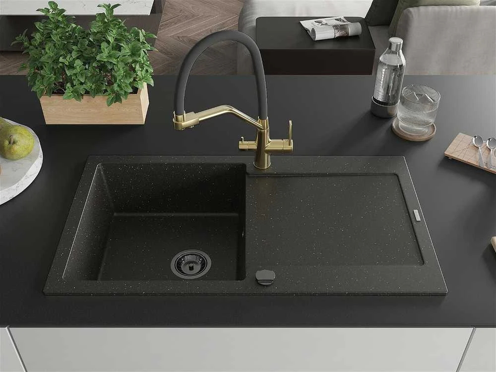 Granitinė virtuvinė plautuvė Mexen Leo su maišytuvu ir sifonu, Metallic juodas/auksinis+Juodas/Gold