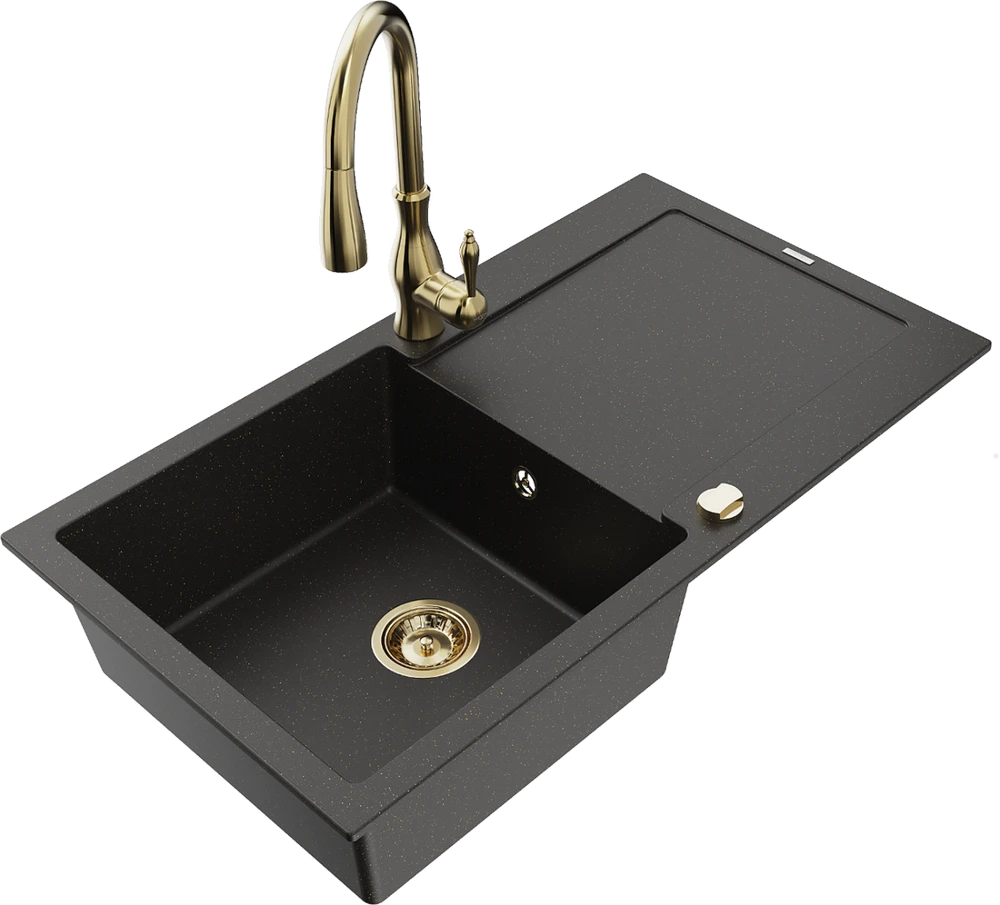 Granitinė virtuvinė plautuvė Mexen Leo su maišytuvu ir sifonu, Metallic juodas/auksinis+Gold