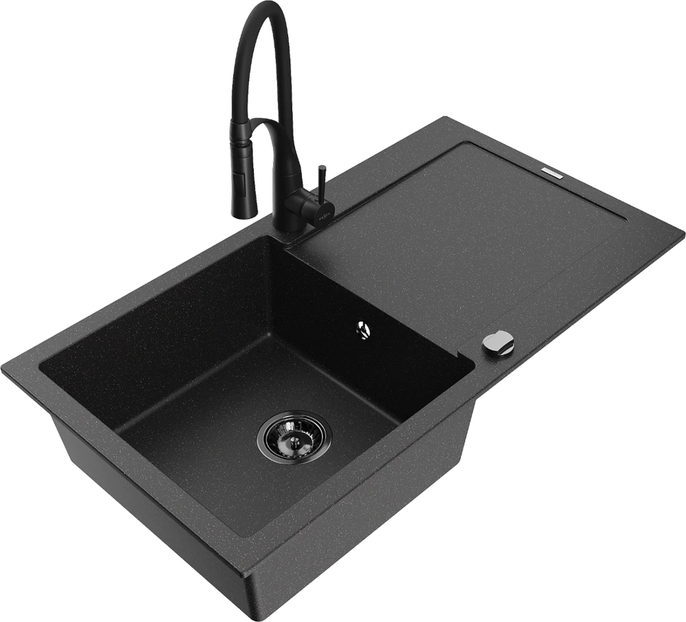 Granitinė virtuvinė plautuvė Mexen Leo su maišytuvu ir sifonu, Metallic juodas/sidabrinis+Juodas