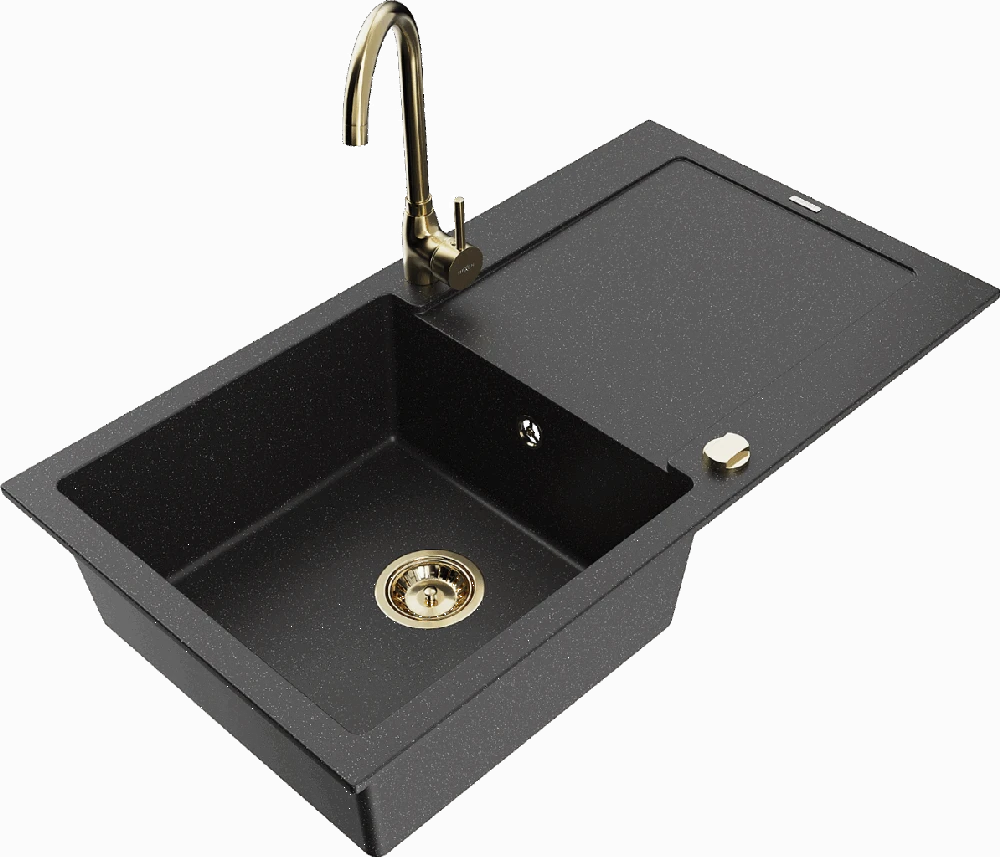 Granitinė virtuvinė plautuvė Mexen Leo su maišytuvu ir sifonu, Metallic juodas/sidabrinis+Gold