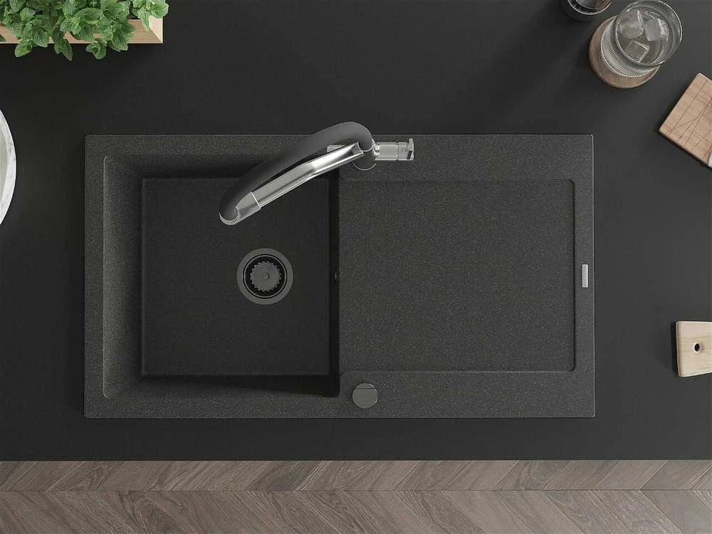 Granitinė virtuvinė plautuvė Mexen Leo su maišytuvu ir sifonu, Juodas granite+Juodas/Chrome