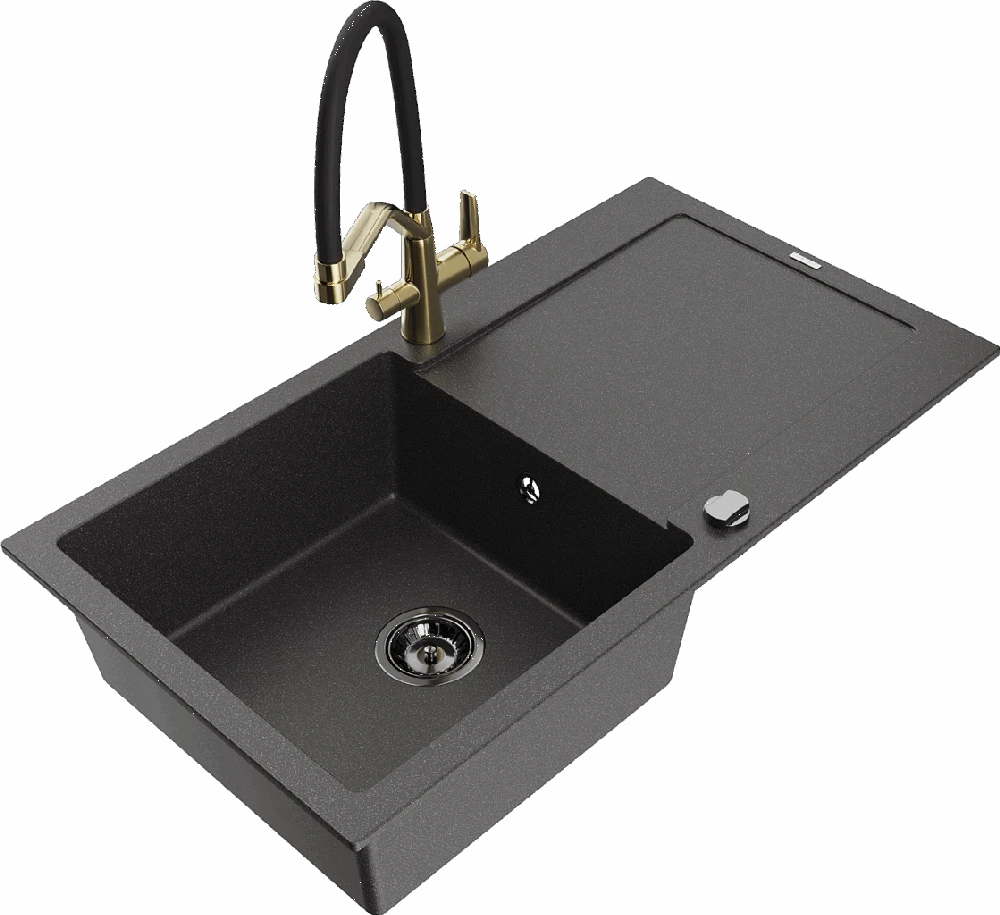 Granitinė virtuvinė plautuvė Mexen Leo su maišytuvu ir sifonu, Juodas granite+Juodas/Gold