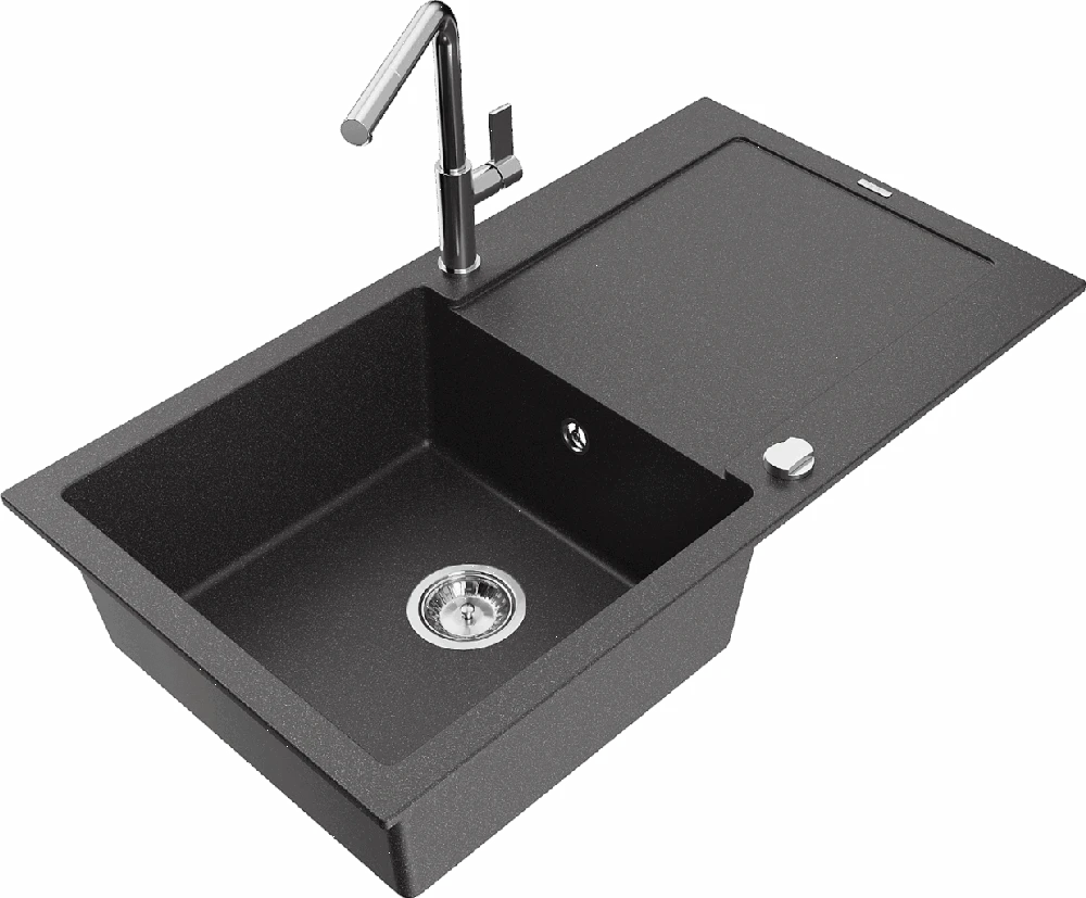 Granitinė virtuvinė plautuvė Mexen Leo su maišytuvu ir sifonu, Juodas granite+Chrome