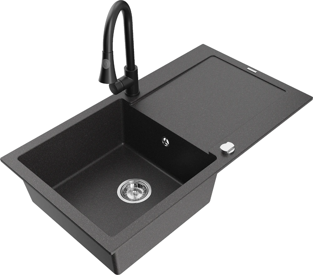 Granitinė virtuvinė plautuvė Mexen Leo su maišytuvu ir sifonu, Juodas granite+Juodas