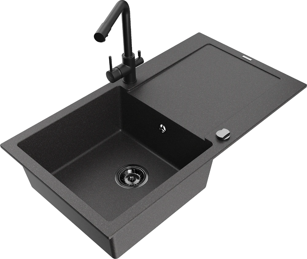 Granitinė virtuvinė plautuvė Mexen Leo su maišytuvu ir sifonu, Juodas granite+Juodas