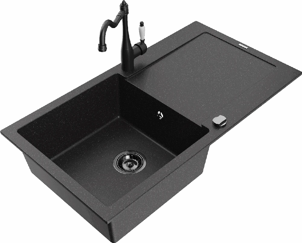 Granitinė virtuvinė plautuvė Mexen Leo su maišytuvu ir sifonu, Metallic juodas/sidabrinis+Juodas