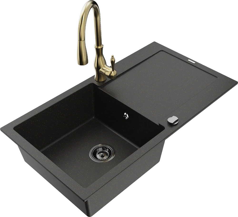 Granitinė virtuvinė plautuvė Mexen Leo su maišytuvu ir sifonu, Metallic juodas/auksinis+Gold